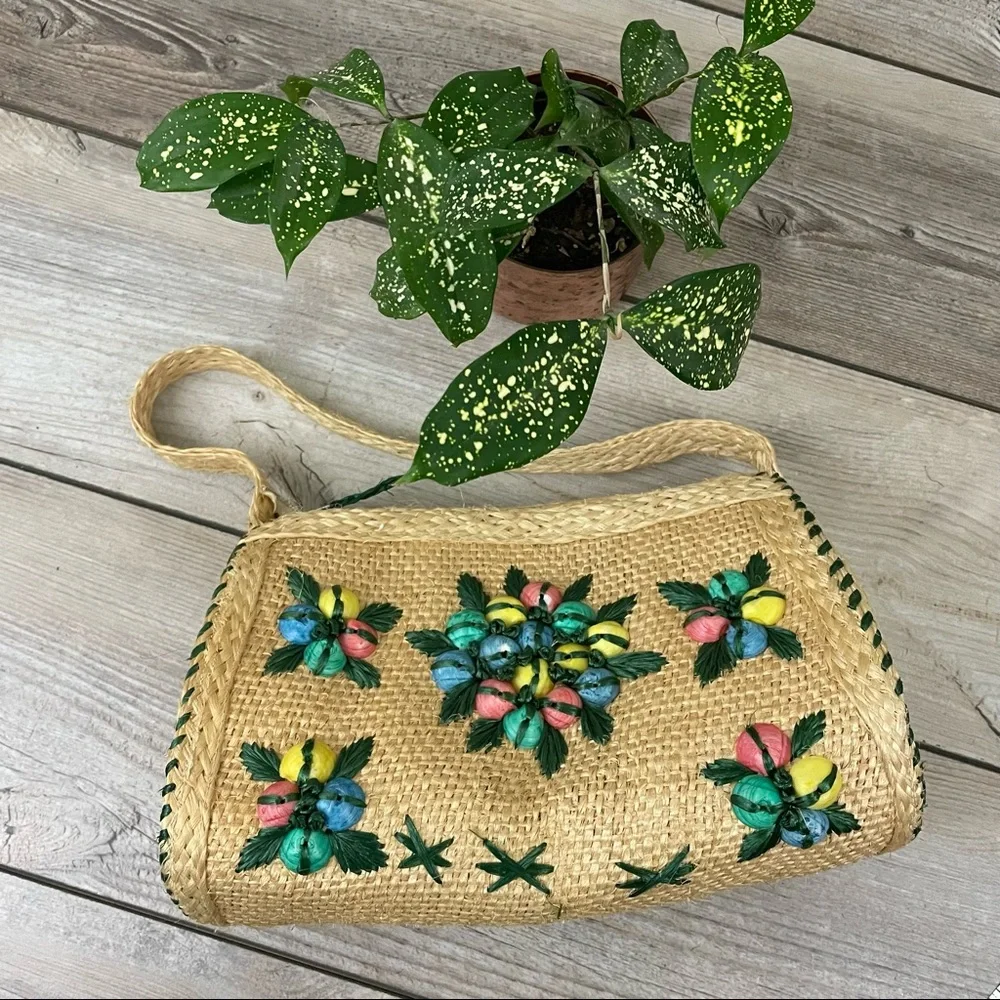 Vintage Multicolor Woven Straw Shoulder Bag - Picture 2 of 11